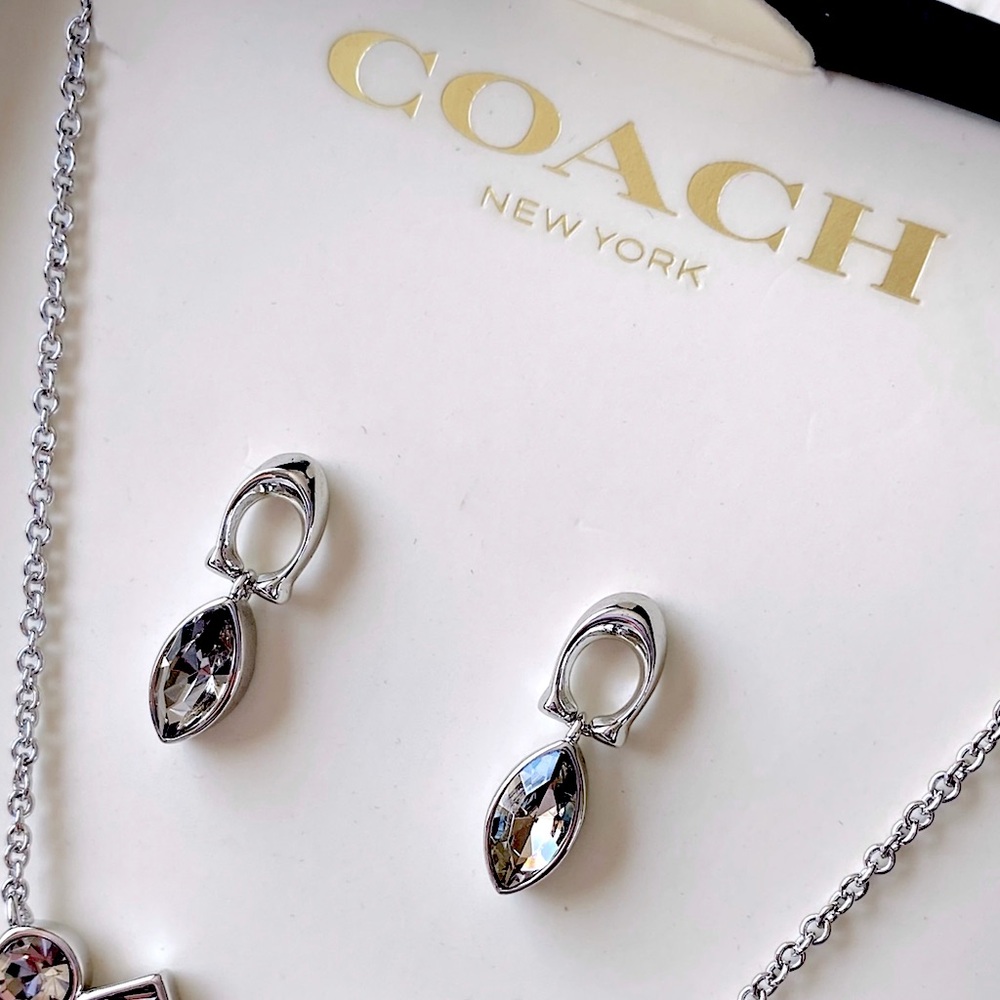 COACH Signature Silver Logo Bezel Earring and Necklace Set - Picture 4 of 14